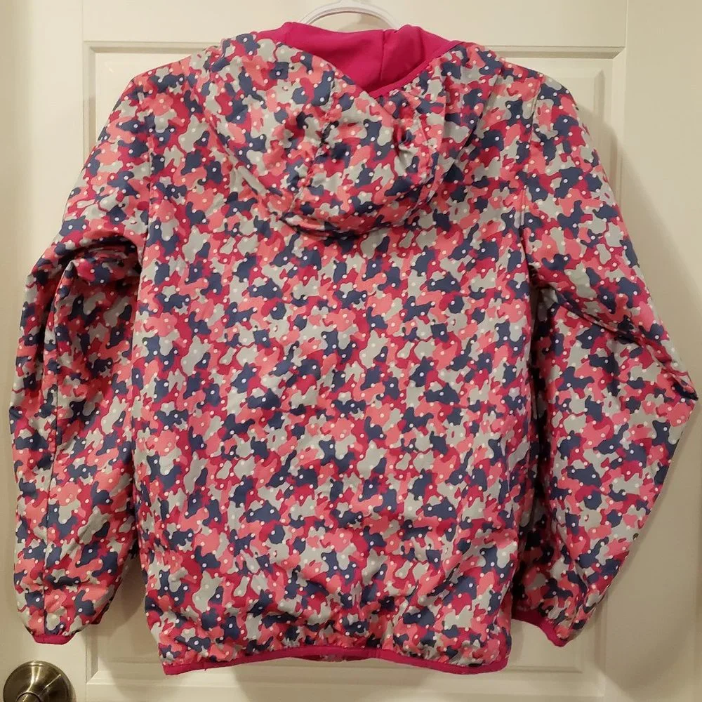 Columbia Girl's Pink Blue Grey Camo Print White Polka Dot Hooded Fleece Jacket L - Picture 8 of 12
